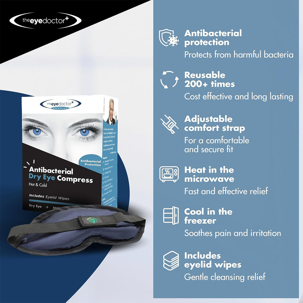 Image of The Eye Doctor Essential Eye Compress set for Dry Eye Disease and Blepharitis, featuring an antibacterial compress with eyelid wipes. It offers antibacterial protection, is reusable, has an adjustable comfort strap, and can be microwaved or frozen.