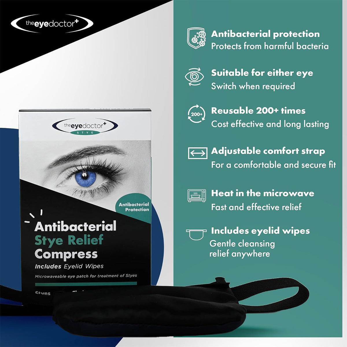 The image displays The Eye Doctors Stye Relief Compress package, a reusable microwaveable hot eye mask for stye treatment. It features moist heat, can be reused over 200 times, has an adjustable strap and eyelid wipes. The compress is located just below the package.