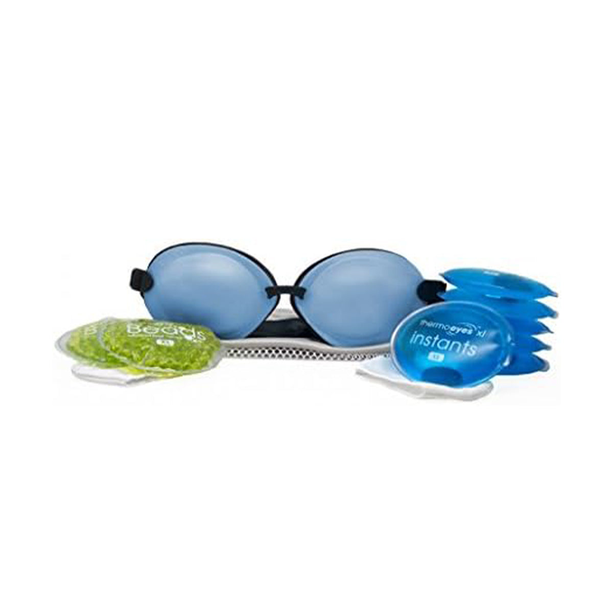 EyeEco Tranquileyes XL goggles with blue lenses from PRN - Physician Recommended Nutriceuticals are featured prominently, accompanied by circular gel packs for cold or moist-heat therapy. To the right, blue containers complete the setup against a white background.
