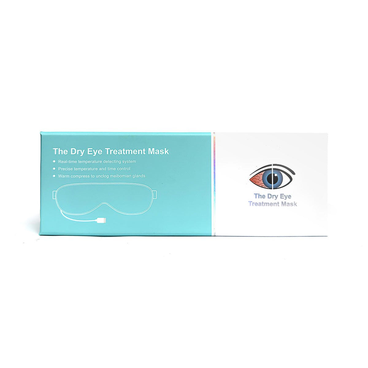 The USB Electric Eye Heat Mask by Dry Eye Treatment Mask is packaged in a teal box detailing its real-time temperature control and warm compress benefits for Dry Eye Syndrome. An eye image on the side highlights relief from conditions such as blepharitis.