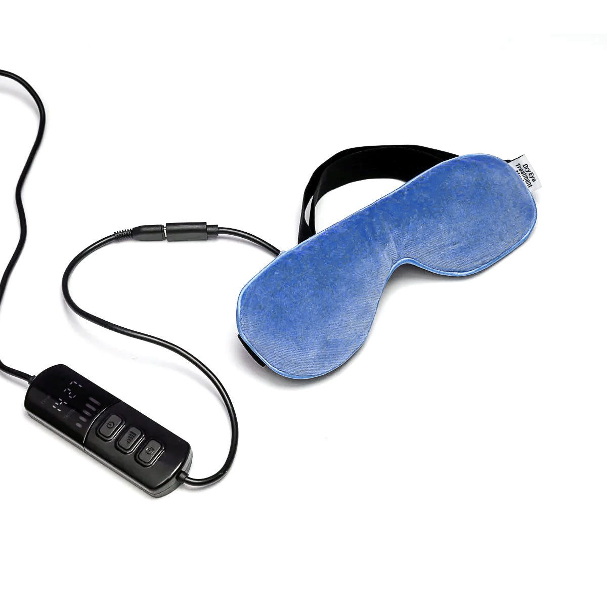 The USB Electric Eye Heat Mask by Dry Eye Treatment Mask, in blue, is ideal for blepharitis management. It features an adjustable black strap and connects to a remote control via cable. The remote has multiple buttons and a digital display, set against a white background.