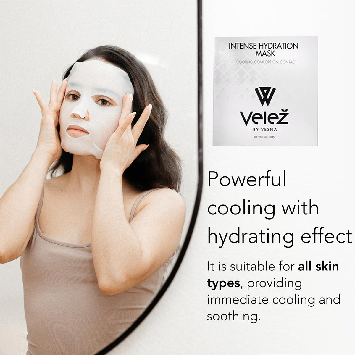 In front of a mirror, a person applies a white sheet mask described as the Velez Intense Hydration Cellulose Face Mask by Velez, known for its powerful cooling and hydrating effect, intense hydration, and skin regeneration suitable for all skin types.