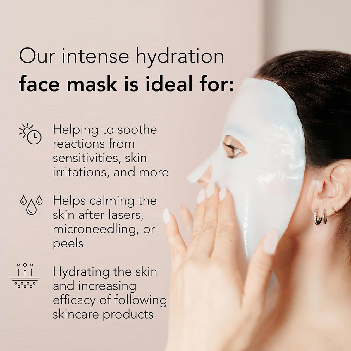 A person with dark hair applies the Velez Intense Hydration Cellulose Face Mask, known for soothing sensitivities, calming skin post-laser or microneedling, and enhancing regeneration to improve hydration. Icons of a sun, water drop, and lines highlight each benefit.