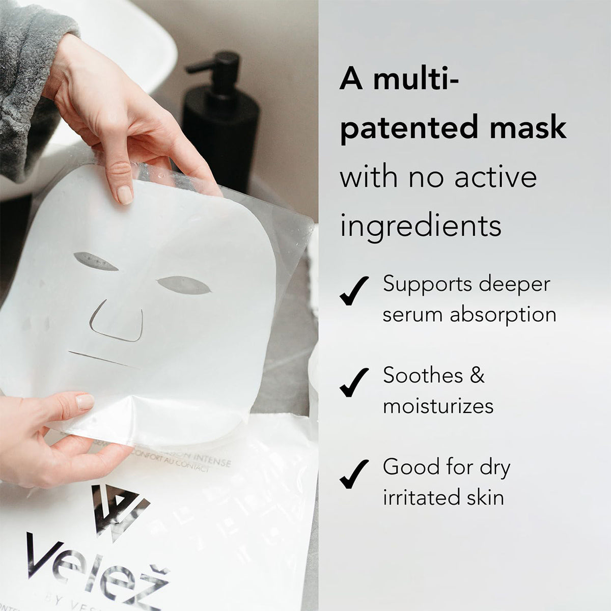 A person holds a Velez Intense Hydration Cellulose Face Mask, touted as a multi-patented mask without active ingredients. It supports deeper serum absorption, enhances skin regeneration, and soothes and moisturizes—ideal for dry, irritated skin.