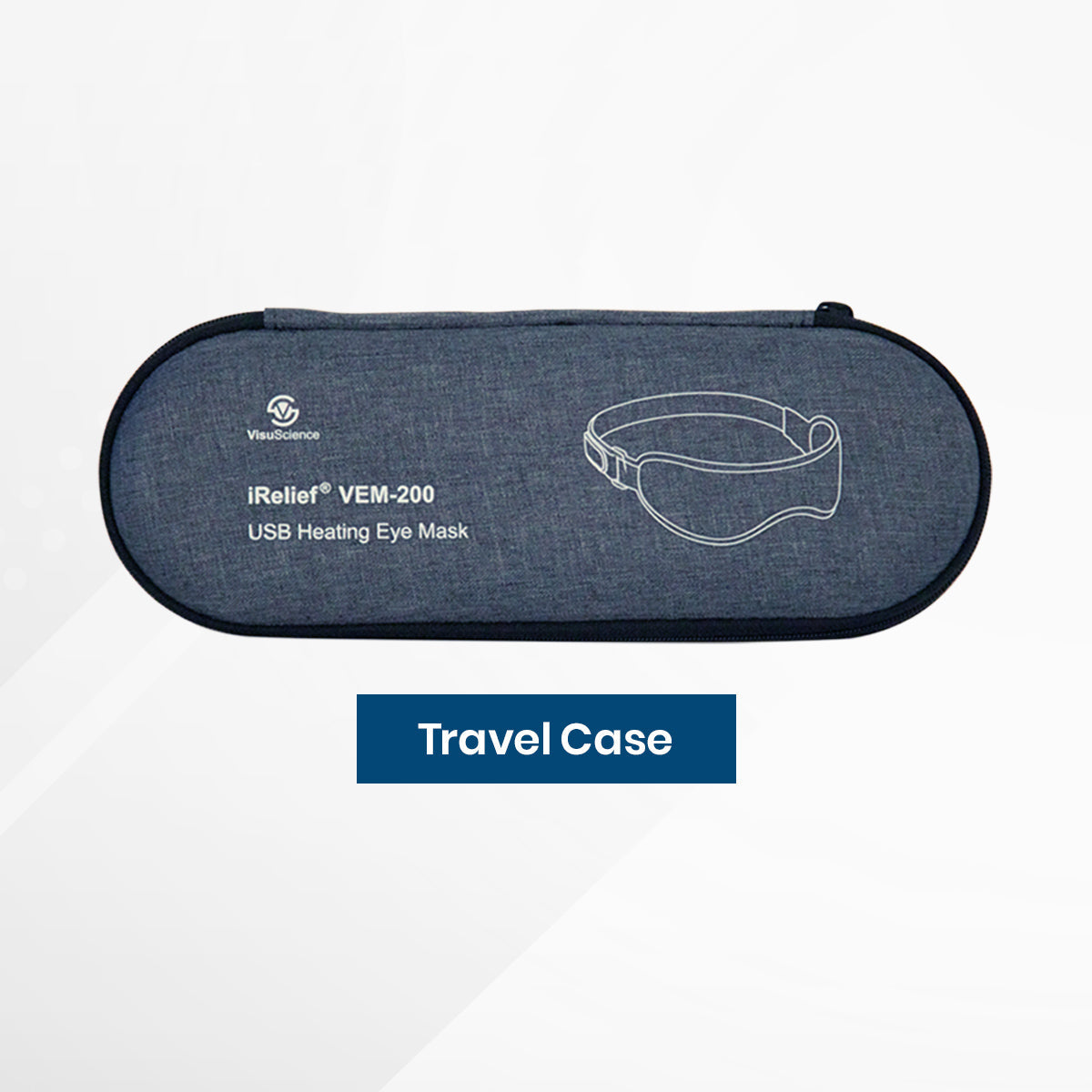 The gray oval travel case for the VisuScience I-Relief USB Eye Heat Mask, featuring heating comfort and a simple line drawing of the eye mask on its front.