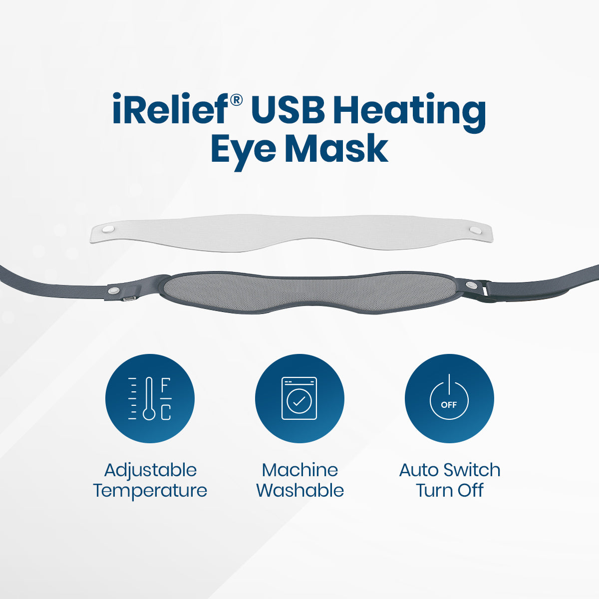The VisuScience I-Relief USB Eye Heat Mask with a removable insert offers adjustable temperature settings for eye fatigue relief, is machine washable, and includes an auto switch turn-off feature. The image shows adjustable straps and three icons below the product.