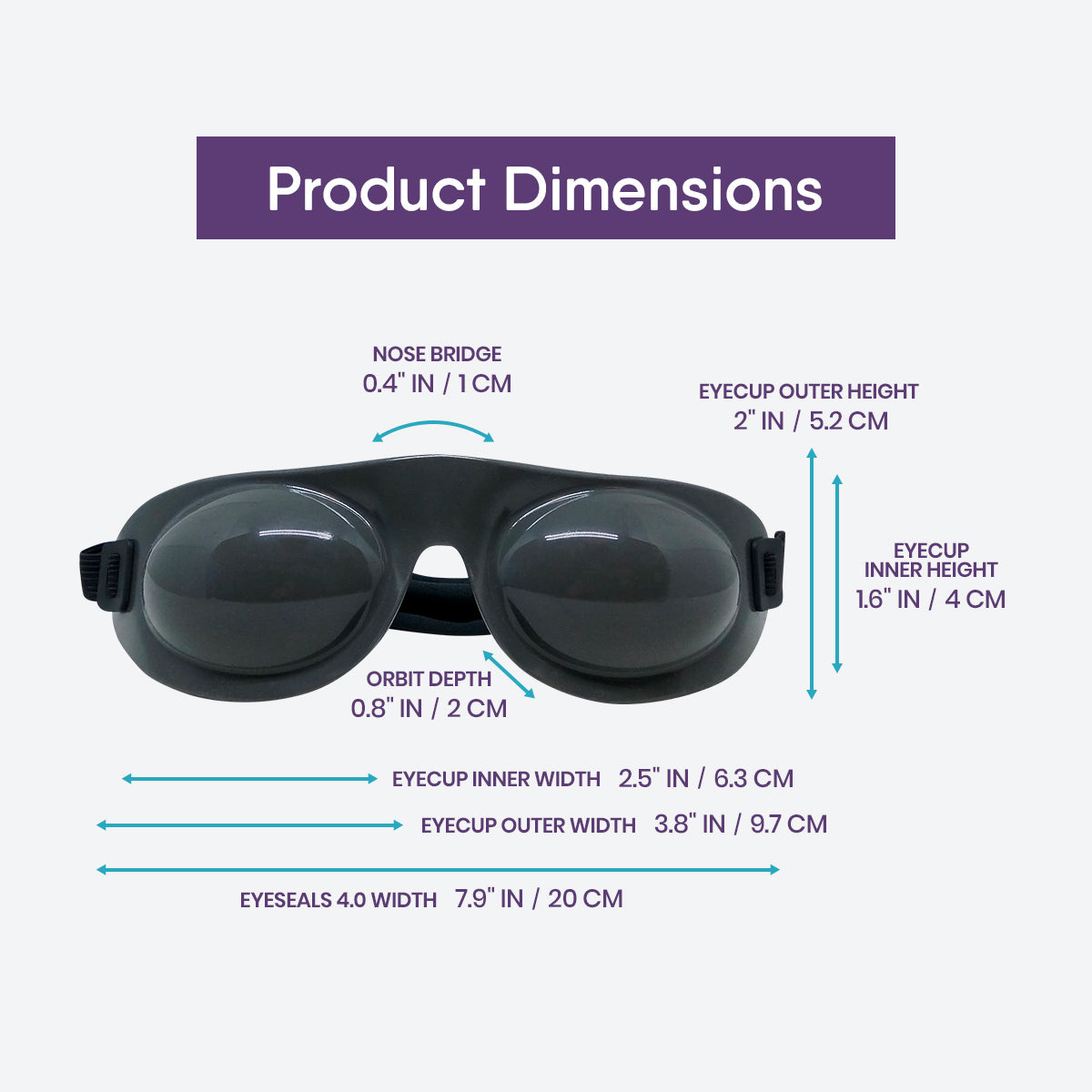 Image of PRN - Physician Recommended Nutriceuticals EyeEco Eyeseals 4.0™ Hydrating Sleep Mask: nose bridge 0.4 (1 cm), eyecup outer height 2 (5.2 cm), orbit depth 0.8 (2 cm), eyecup inner height 1.6 (4 cm). Perfect for dry eyes, CPAP users; hypoallergenic and latex-free design for moisture retention.
