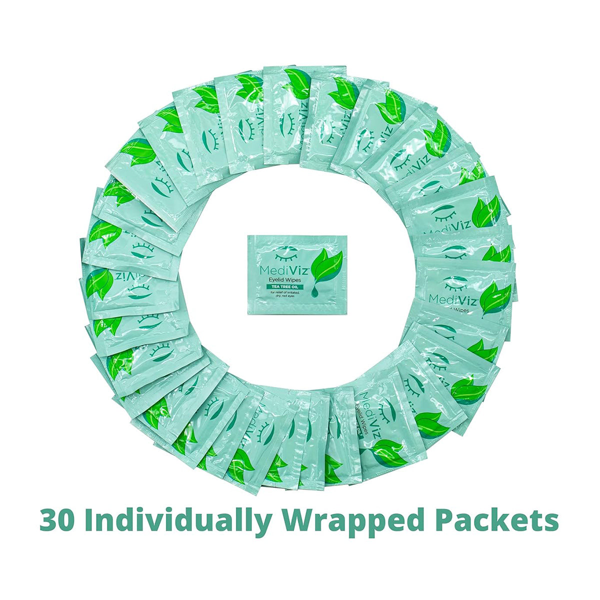 Thirty teal Mediviz Tea Tree Eyelid Cleansing Wipes by PRN are arranged in a circle, one at the center. Each packet shows leaves and an eye illustration with 30 Individually Wrapped Packets text for convenient eyelid cleansing.
