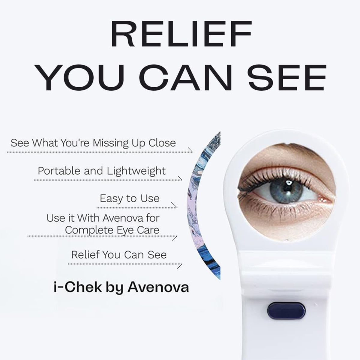 Showcasing the i-Chek Illuminated Self Eye Examination Mirror (Single) by I-Chek, this image emphasizes ultimate eye relief. With 10X magnification, its portable, lightweight, easy to use, and boasts LED ECO lighting for Relief You Can See.