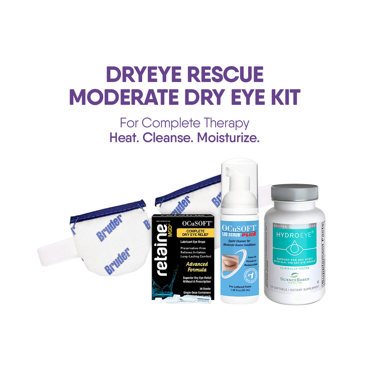 An image of the DryEye Rescue Moderate Dry Eye Bundle, featuring a Bruder Moist Heat Mask, Retaine Lubricating Drops, OCuSOFT lid scrub, and HydroEye supplement. The text above states: Dry Eye Rescue Moderate Dry Eye Kit.