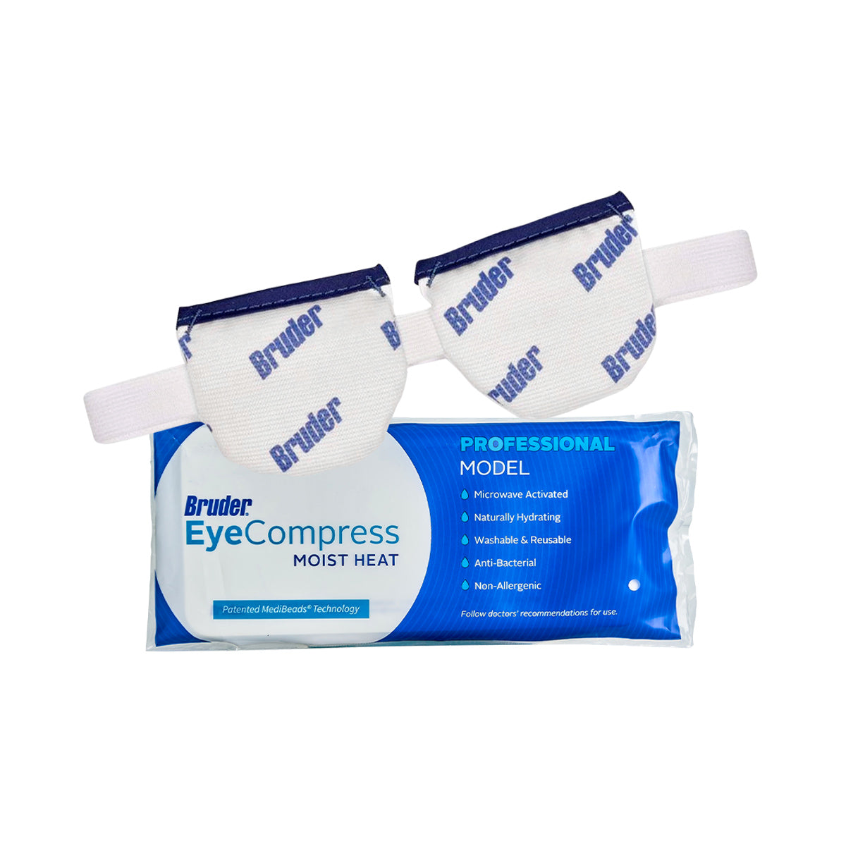 The DryEye Rescue Moderate Dry Eye Bundle includes a microwave-activated, naturally hydrating compress with adjustable straps for moderate dry eye relief. Its washable, reusable, anti-bacterial, and non-allergenic, packaged in a sleek blue and white design.