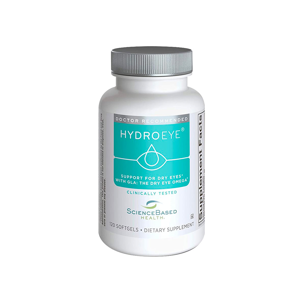 A bottle of HydroEye dietary supplement with 120 softgels features a teal label design, emphasizing its doctor-recommended support for moderate dry eye with omega ingredients. Branded under ScienceBased Health, its ideal when used with a moist heat mask from DryEye Rescues Moderate Dry Eye Bundle.
