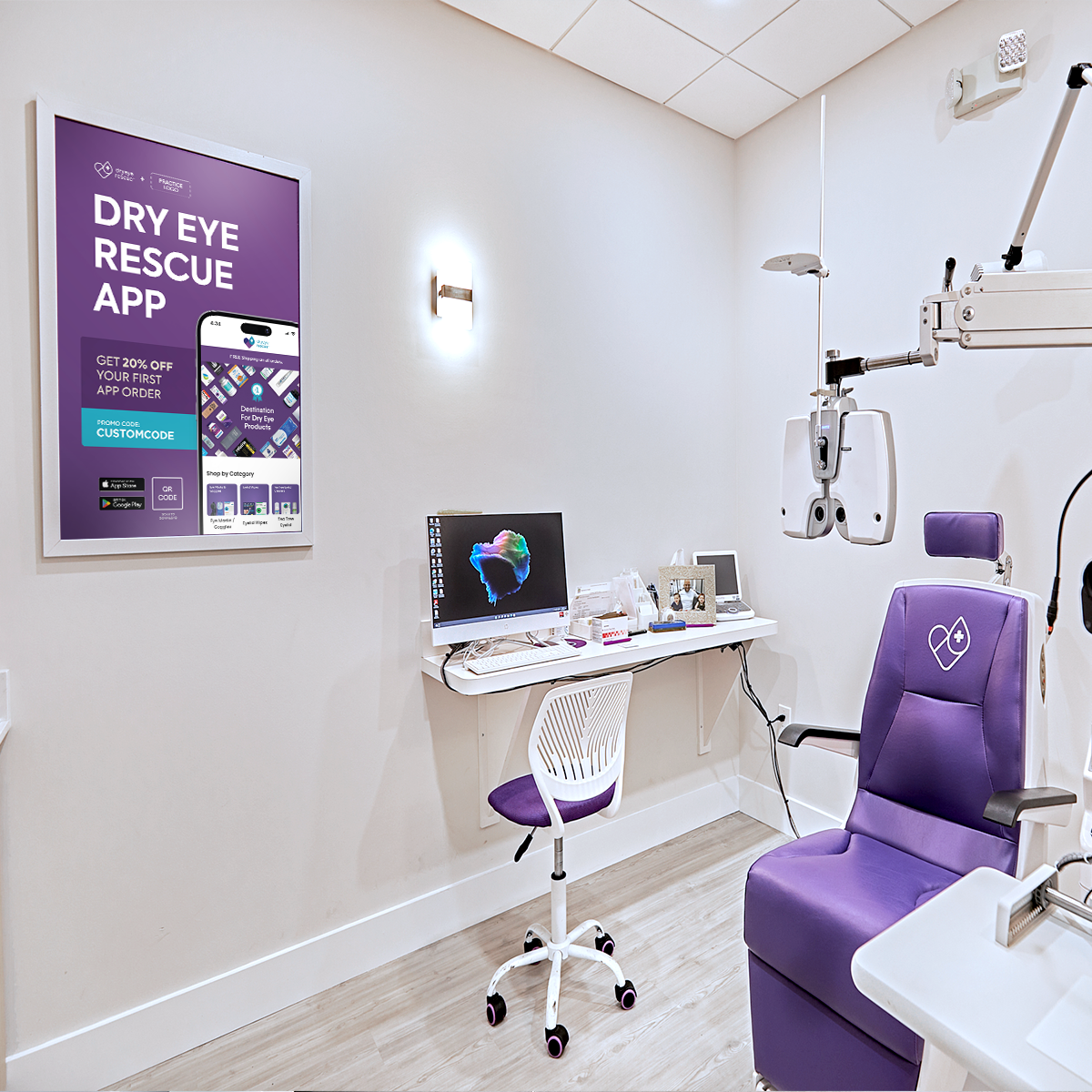 A modern optometry exam room includes a purple exam chair, white desk, and monitor. A framed canvas print by DryEye Rescue displays a custom QR code for the Dry Eye Rescue App with a 20% discount offer. The rooms design is clean and minimalistic.