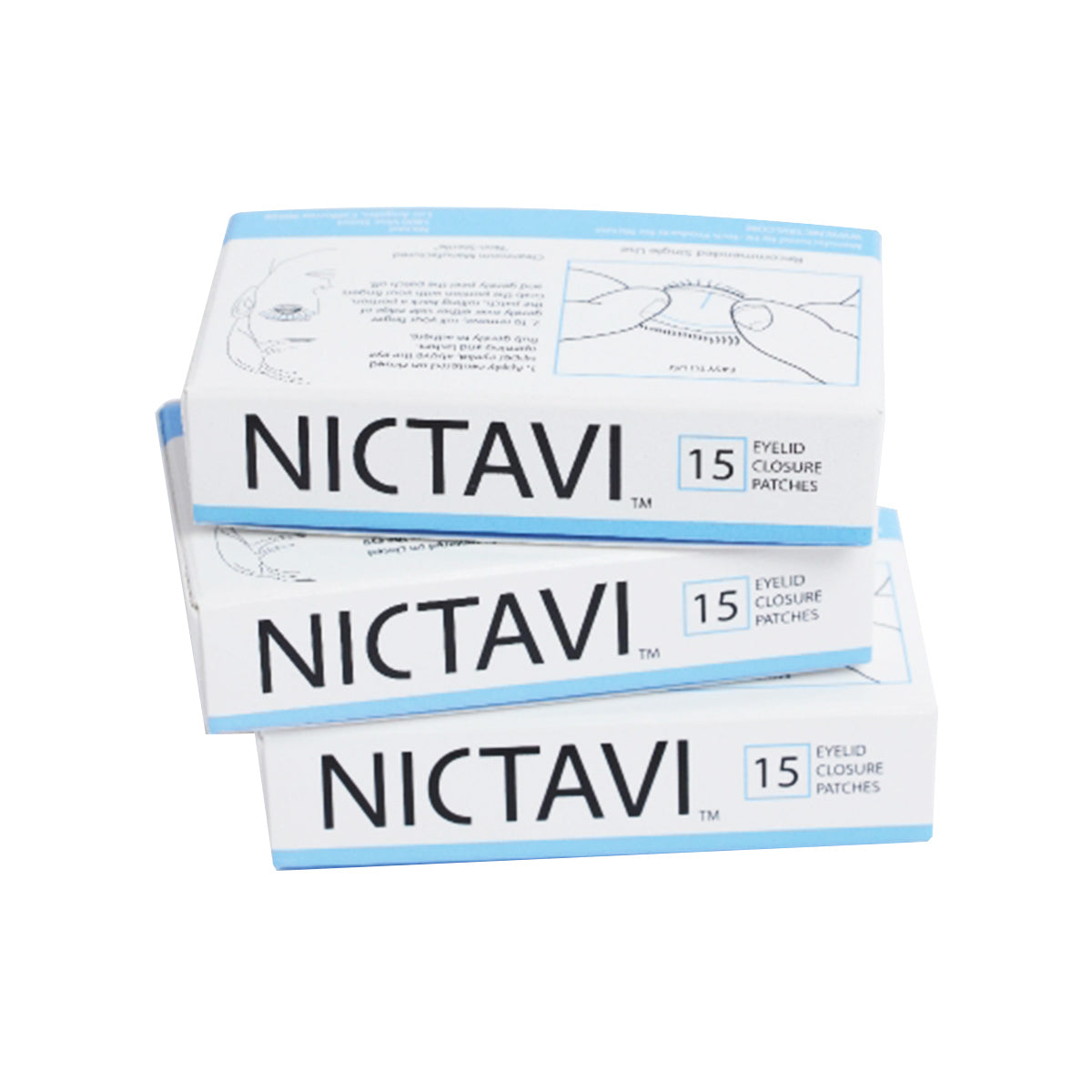 Three Nictavi Disposable Devices for Nighttime Eyelid Closure (15ct) are stacked slightly offset. Ideal for dry eye relief and corneal protection, each box contains 15 patches.