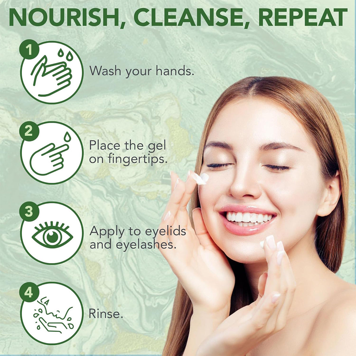 Image displays Noveha Tea Tree Eyelid Gel Cleanser (50mL) skincare steps: 1) Wash hands. 2) Use fingertips to apply cleanser on eyelids and eyelashes for blepharitis and dry eye relief. 3) Rinse off. A smiling woman applies cream against a light green marble texture backdrop.