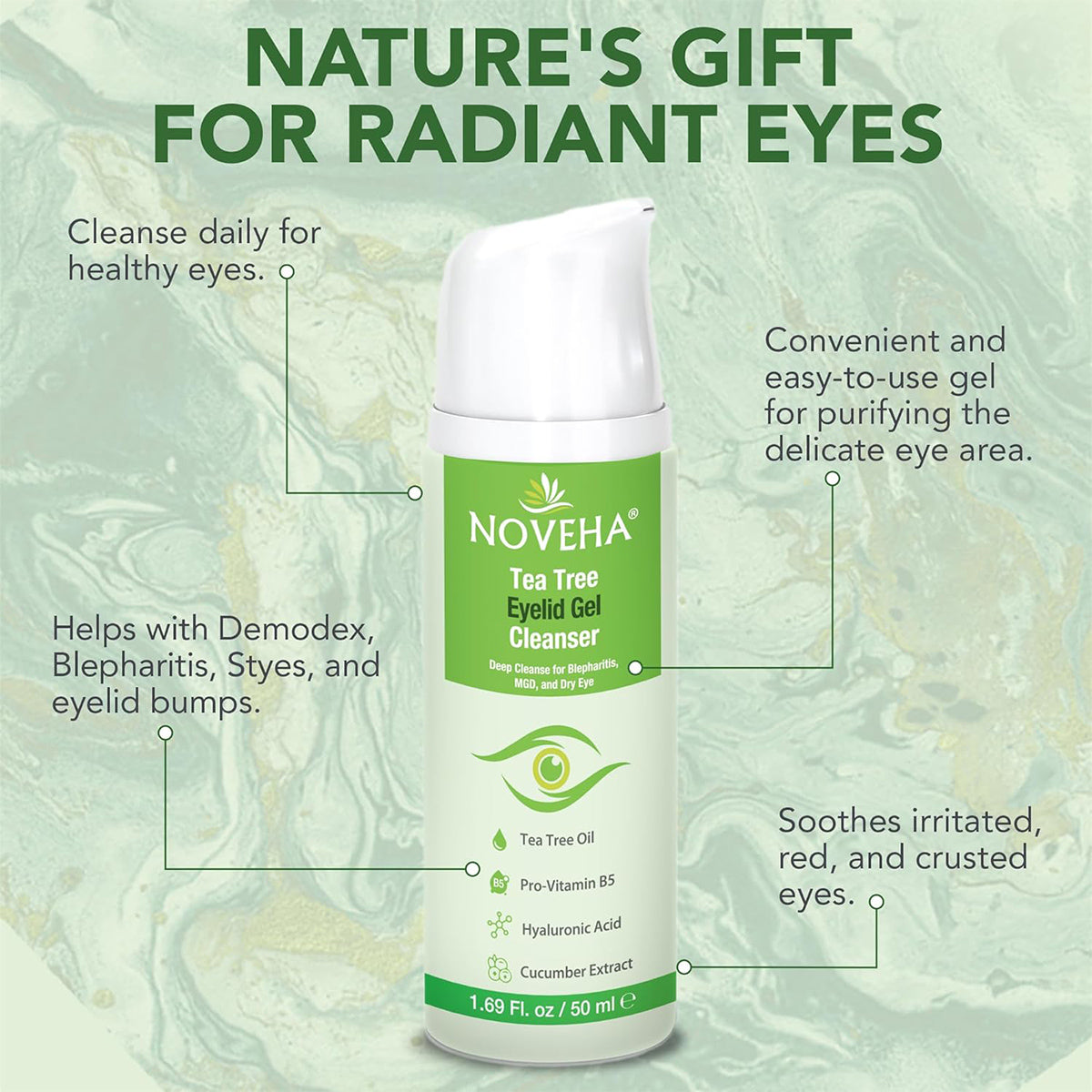 Image of Noveha Tea Tree Eyelid Gel Cleanser (50mL) bottle. Highlights: daily cleansing and soothing for healthy eyes, relieving Dry Eye and Blepharitis. Convenient gel for delicate eye area, with a green background showcasing its natural theme.