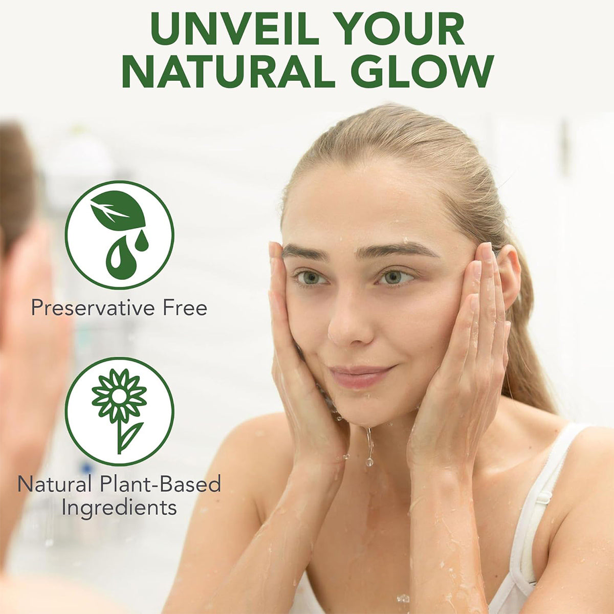 A woman gently splashes water on her face, promoting skincare. Text reads Unveil Your Natural Glow with icons for Preservative Free and Natural Plant-Based Ingredients, ideal for those mindful of conditions like blepharitis and dry eye, with our Noveha Tea Tree Eyelid Gel Cleanser (50mL).