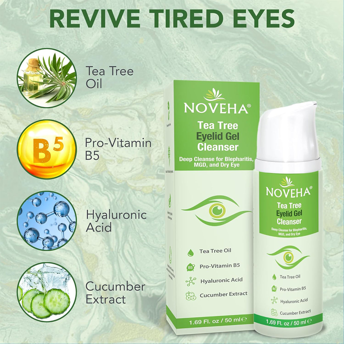 Image of Noveha Tea Tree Eyelid Gel Cleanser (50mL) with box. Text highlights ingredients: Tea Tree Oil, Pro-Vitamin B5, Hyaluronic Acid, Cucumber Extract—great for soothing Blepharitis and Dry Eye. Green theme with botanical and molecular illustrations. Slogan: Revive Tired Eyes.