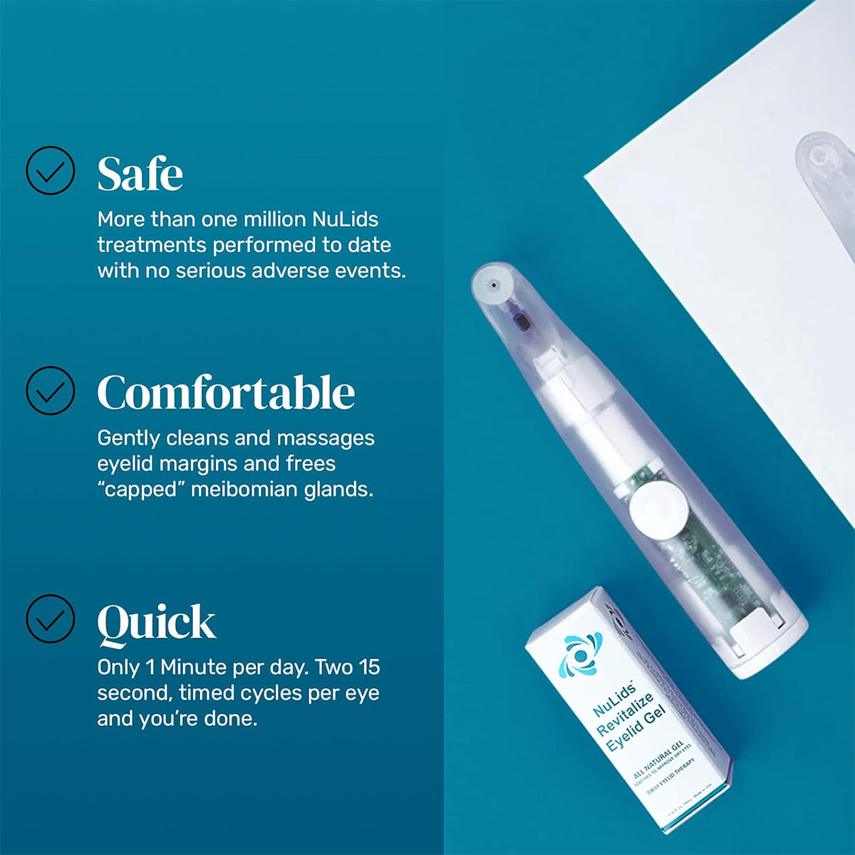 A NuSight Medical NuLids device on a blue surface is described as safe, comfortable, and quick for dry eye treatment. It has completed over a million treatments without serious adverse events and enhances eyelid hygiene with two 15-second cycles per eye daily.