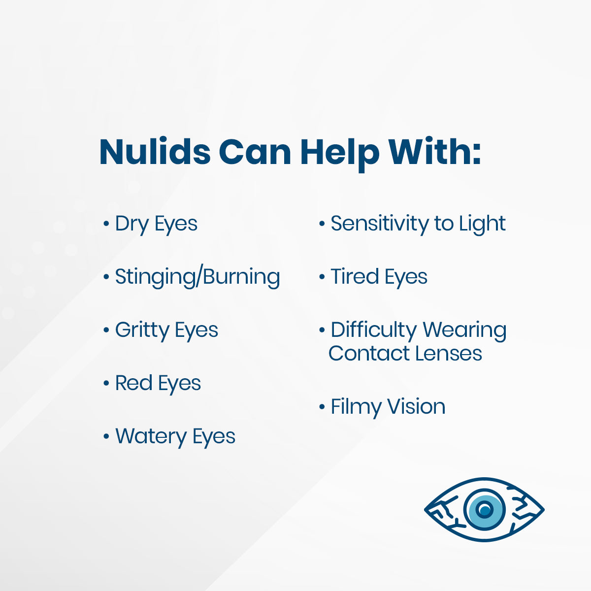 Infographic titled Nulids Can Help With: lists symptoms like Dry Eyes, Stinging, and Gritty Eyes. Featuring an eye icon, it emphasizes the hydrating benefits of Nulids Revitalize Eyelid Applicator Gel by NuSight Medical for Red and Tired Eyes.