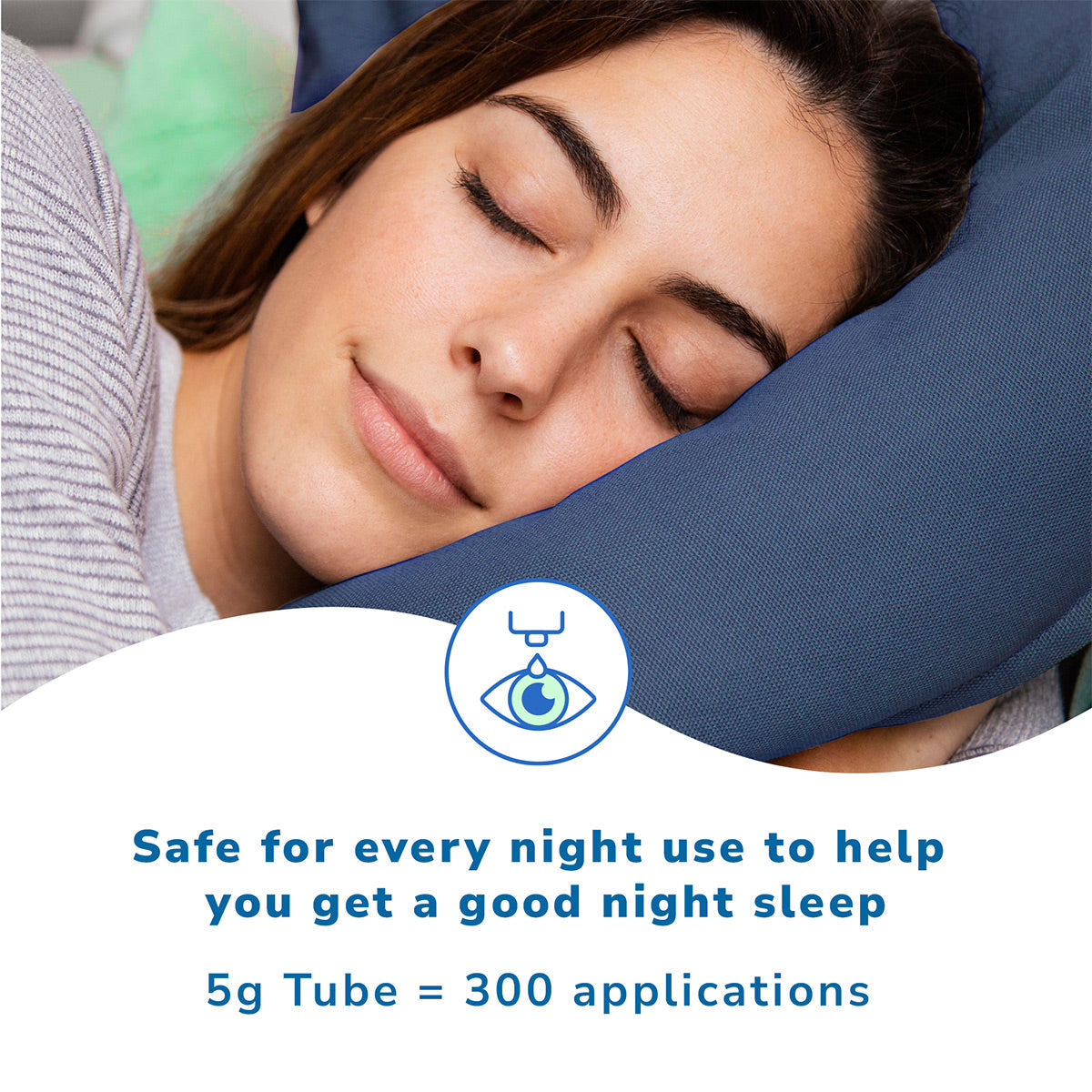 A woman peacefully sleeps, her head on a blue pillow. Text reads, Safe for nightly use for restful sleep. 5g Tube = 300 applications. Experience soothing relief with Optase Hylo Night Ointment, preservative-free and perfect for night-time dry eye relief.