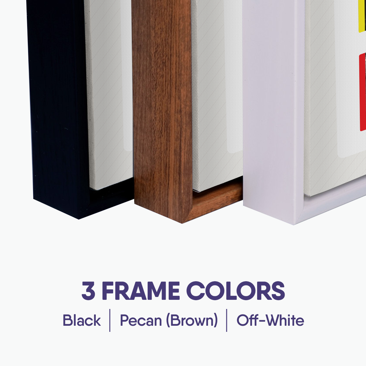 The DryEye Rescue Framed Canvas Meibomian Gland Grading Scale showcases its distinct three frame colors—black, pecan (brown), and off-white—side by side on a white background. Text below reads: 3 Frame Colors: Black, Pecan (Brown), Off-White.
