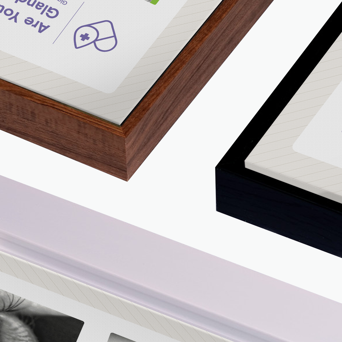 Close-up of DryEye Rescues Framed Canvas Meibomian Gland Grading Scale, available in wooden and black edges against a white background. The top frame features text with a heart symbol, while the bottom shows a monochrome image.