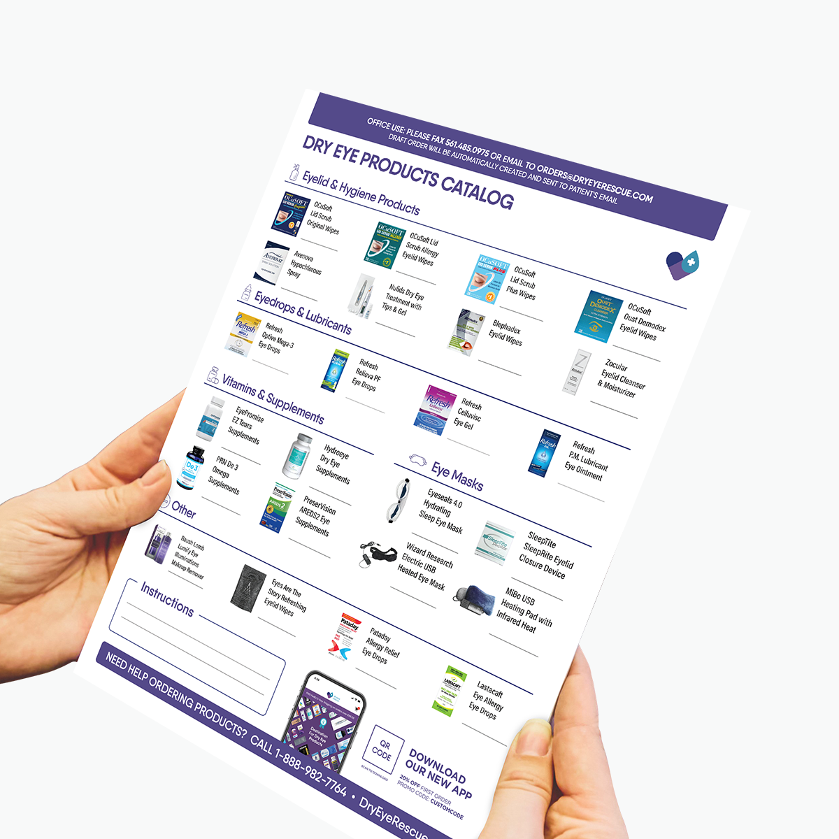 A person holds a printed DryEye Rescue catalog sheet from the Product Referral Pad (10 pads, 50 sheets each) showcasing eye drops, vitamins, masks, and hygiene items. A special promo code for discounts stands out. Practice contact info and logo are at the bottom.
