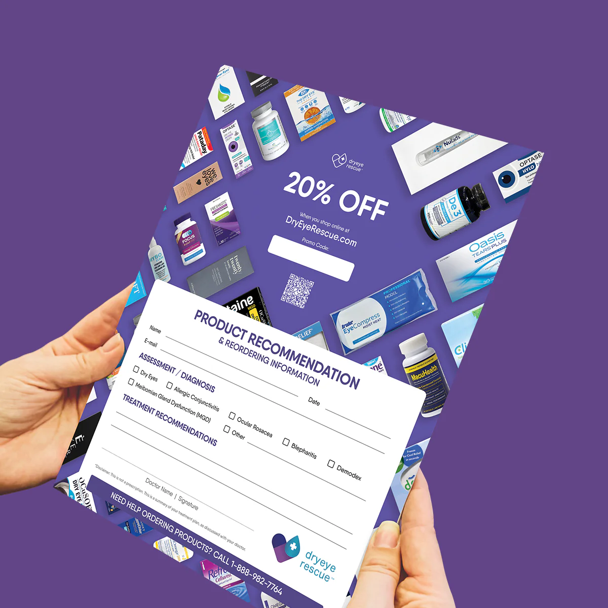 Hands holding a flyer against a purple background showcasing a 20% OFF deal from DrStyleRescue.com, featuring DryEye Rescue eye care products and the Practice Logo. A form at the bottom says Product Recommendation & Reordering Information for Product Referral Pad Sample (1 pad of 50 sheets).