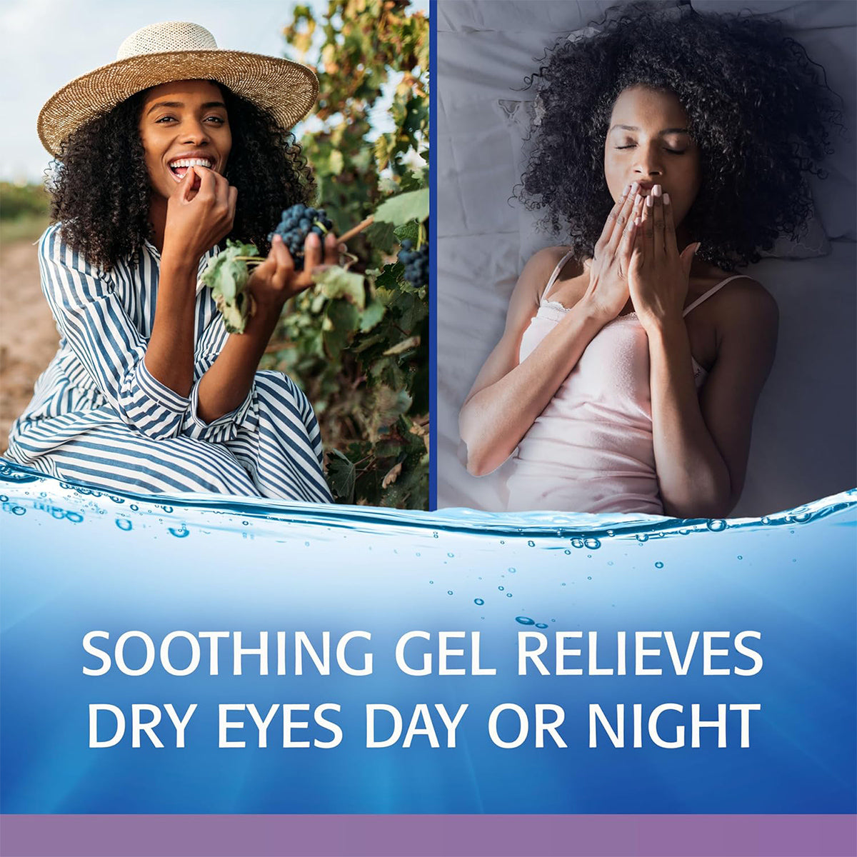 On the left, a woman in a striped outfit and straw hat enjoys berries outdoors. On the right, another relaxes in bed, touching her eyes. Below reads HydroCell™ technology in Abbvies Refresh Optive® Gel Drops – Lubricant Eye Gel relieves dry eye symptoms day or night over a water pattern.