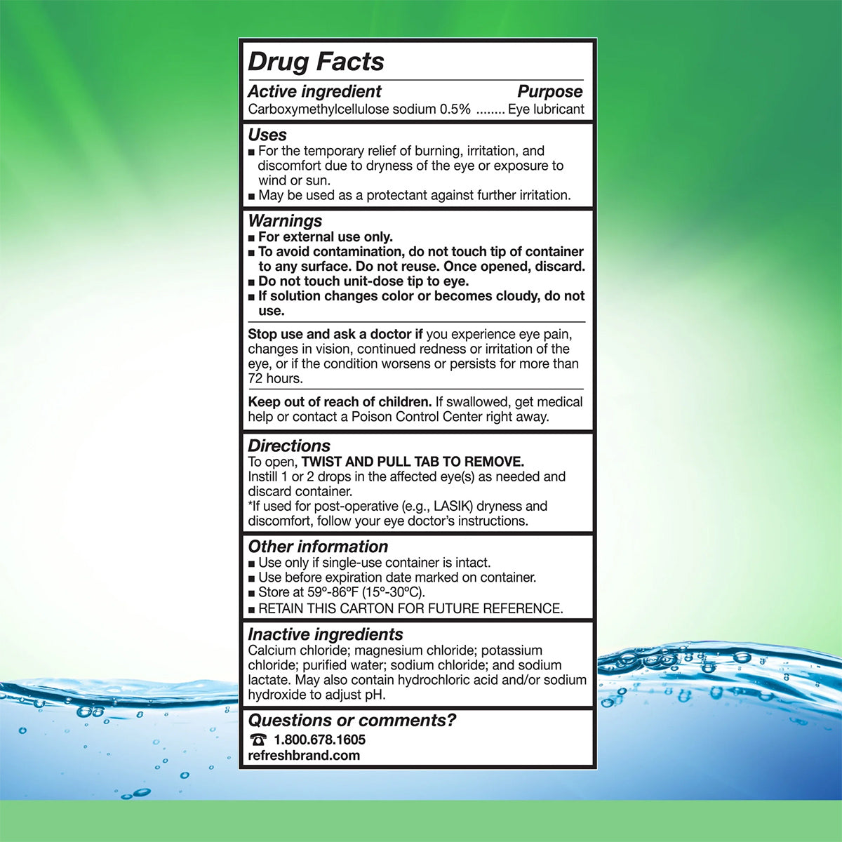 The Drug Facts box for Abbvies Refresh Plus Lubricant Preservative Free Eye Drops (30 vials) is on a blue-green gradient background, detailing usage instructions, warnings, and ingredients for dry eye relief. A helpline number is provided at the bottom: 1-800-645-1665.