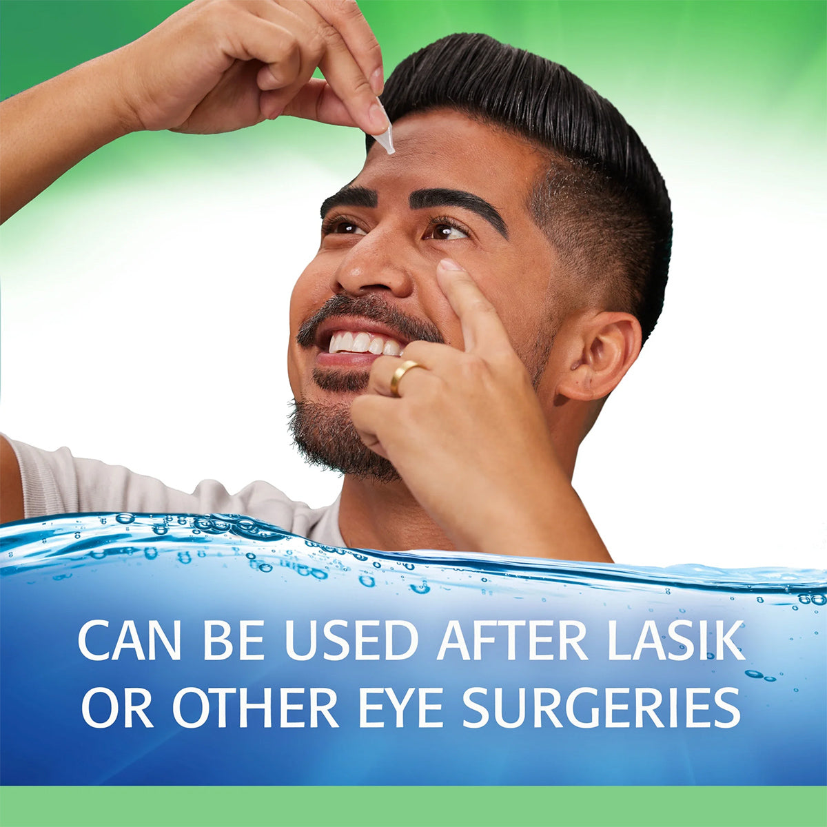 A man with neatly groomed hair uses Refresh Plus Preservative-Free Eye Drops. He smiles, set against a green-to-white gradient background with a blue wave design. The text states: Ideal for post-LASIK or other eye surgeries to relieve dry eyes. Brand: Abbvie.