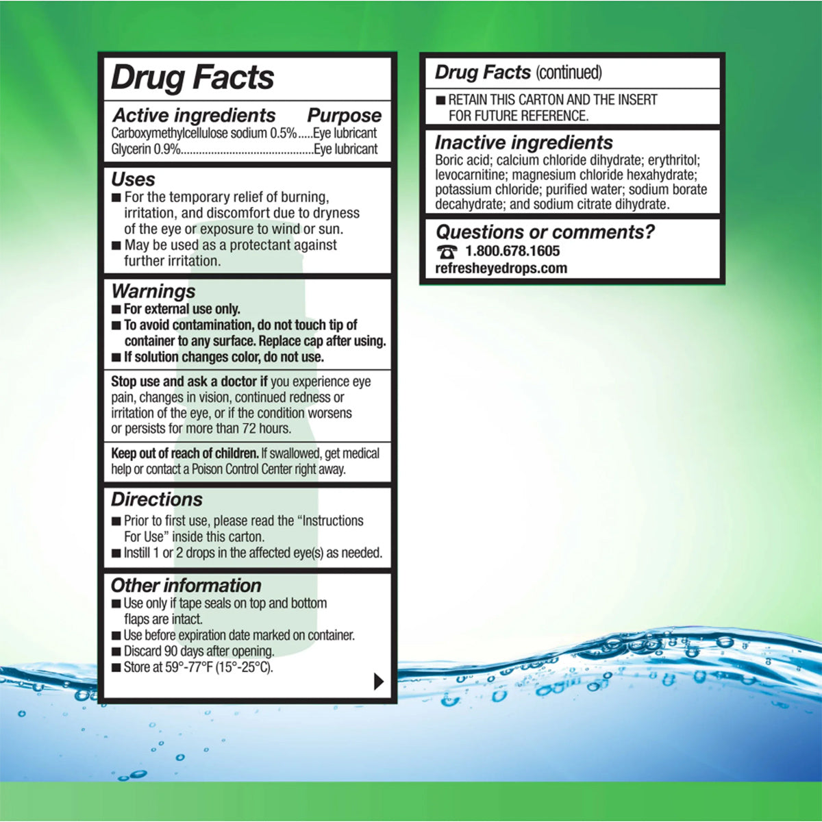 An image shows detailed drug facts for Abbvies Refresh Tears PF Preservative Free Eye Drops (10mL), including active ingredients, uses, and warnings. A light green backdrop with blue water represents soothing relief for dry eyes. Contact information is included.