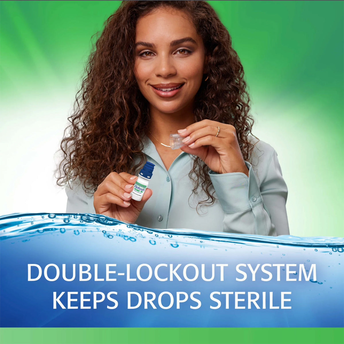 A woman with curly hair smiles holding a bottle and cap of Refresh Tears PF Eye Drops (10mL) by Abbvie, standing against a green background. Text below reads, Double-Lockout System Keeps Drops Sterile and Provides Preservative-Free Dry Eye Relief.