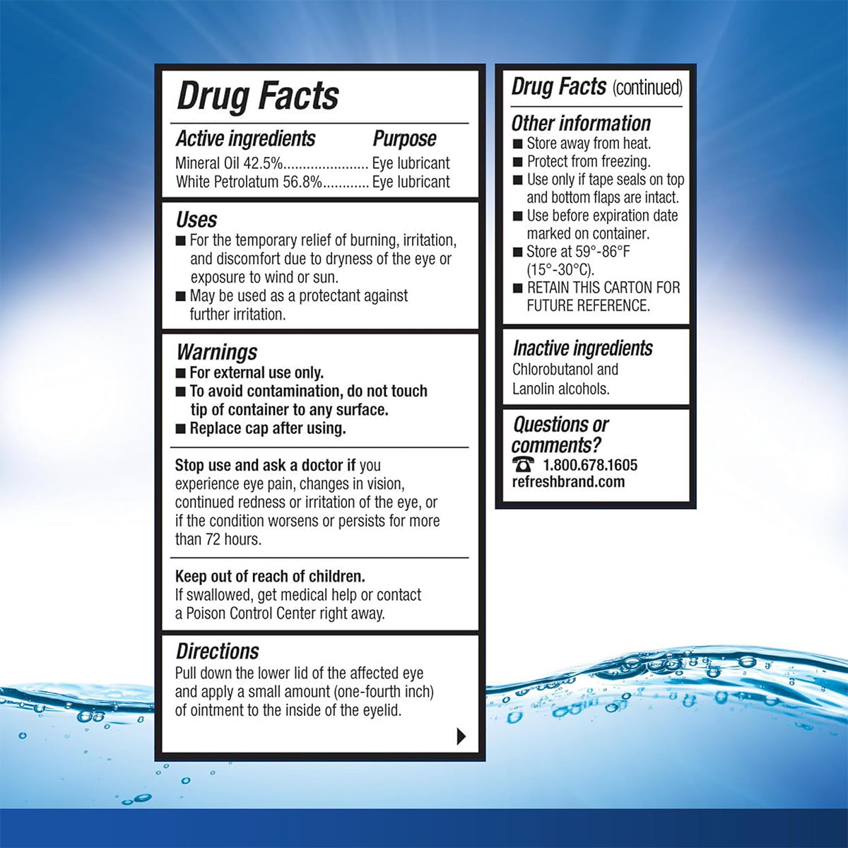 An image shows the drug facts label for Abbvies Refresh Lacri-Lube Lubricant Eye Ointment for nighttime dryness (3.5g tube). It highlights active ingredients like mineral oil and white petrolatum, usage directions for dry eye relief, warnings, storage details, and a customer service number.