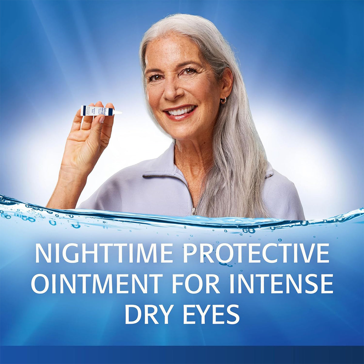 A smiling woman with long gray hair holds a small tube. Below it reads: Refresh Lacri-Lube for Nighttime Dryness by Abbvie, offering relief for intense dry eyes. The background displays a blue gradient with a wave design at the bottom.