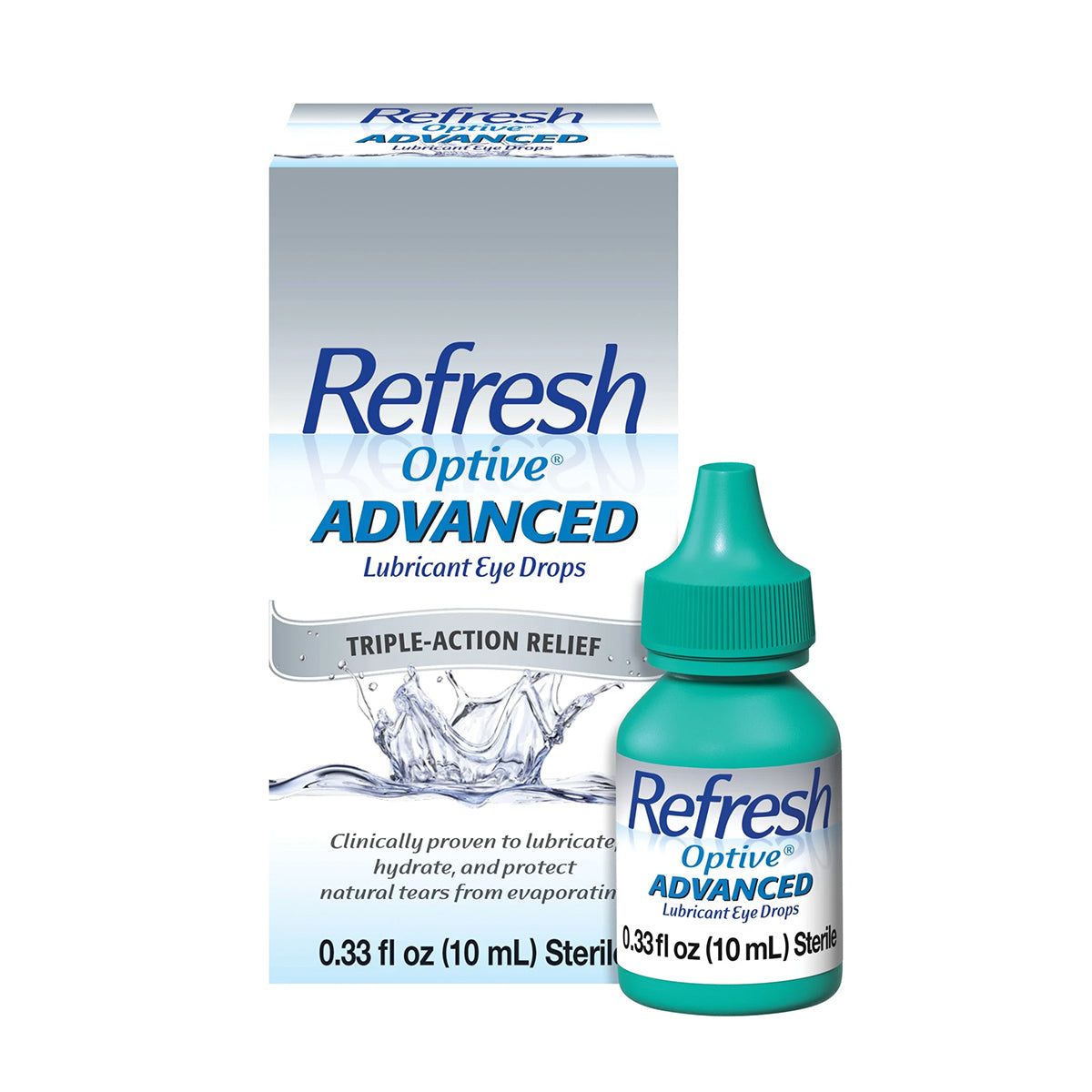 A 10 mL box and bottle of Abbvies Refresh Optive Advanced Eye Drops featuring HydroCell™ technology. The packaging showcases water splash graphics, highlighting triple-action relief. The green bottle offers soothing comfort with matching branding for an enhanced eye lubrication experience.