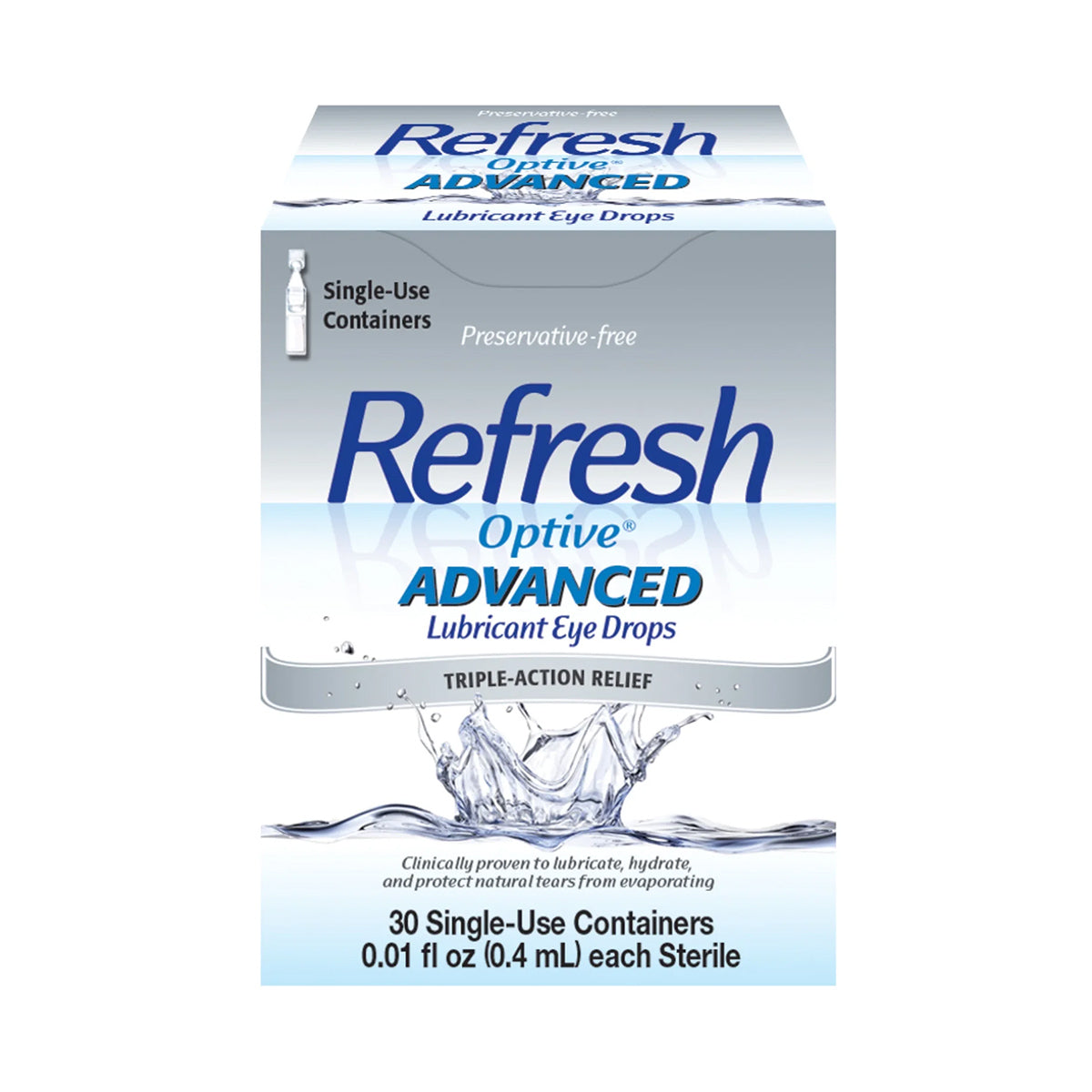 A box of Abbvies Refresh Optive® Advanced Preservative-Free Lubricant Eye Drops, labeled Triple-Action Relief with 30 single-use vials (0.01 fl oz each), features a droplet image in the top left corner—perfect for those desiring dry eye relief through a triple-action formula.