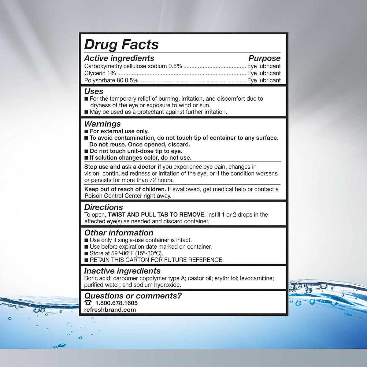 The Refresh Optive® Advanced Preservative-Free Lubricant Eye Drops by Abbvie comes with a detailed label listing active ingredients, uses, warnings, directions, and storage info. Water droplet imagery is included. For dry eye relief inquiries or comments, contact details are at the bottom.