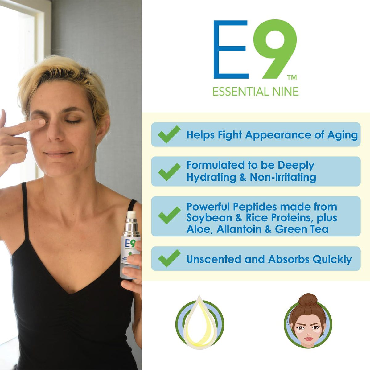 A person with short blonde hair applies PRNs Essential Nine Eyelid & Skin Therapy, a hydrating anti-aging serum for puffiness, wrinkles, and dark circles. The image highlights benefits: combats aging signs, non-irritating formula with soy, rice, aloe, allantoin, green tea peptides; it’s unscented and absorbs quickly for deep hydration.