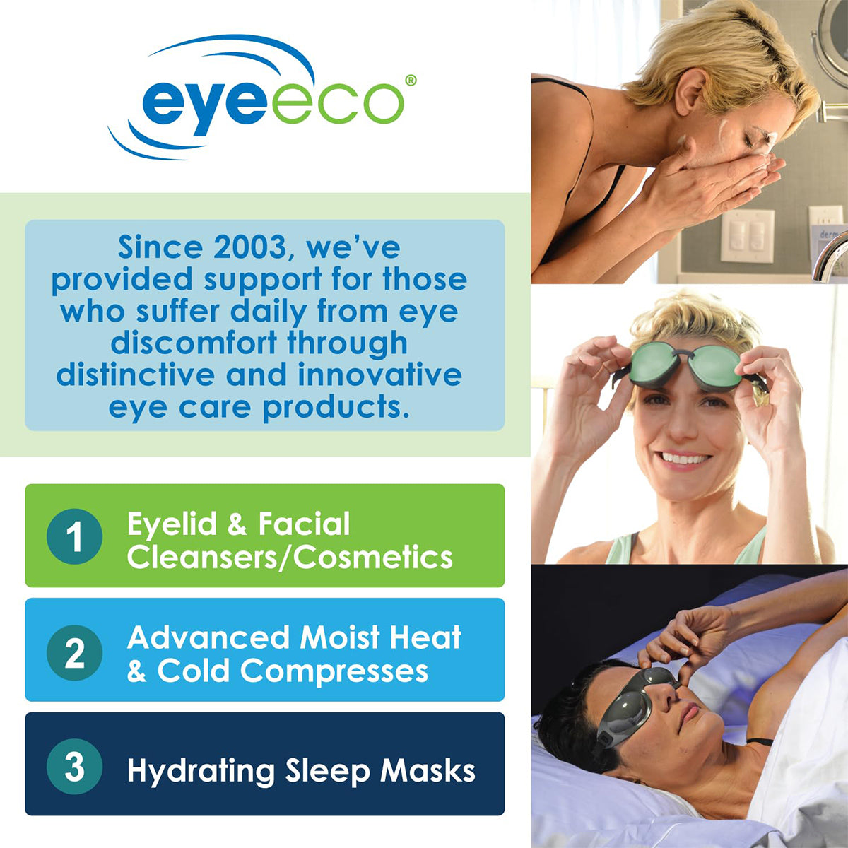 A promotional image for PRN - Physician Recommended Nutriceuticals features a woman using their Essential Nine Eyelid & Skin Therapy serum. Top left shows her washing her face, top right applying the serum, bottom left wearing glasses, and bottom right resting with an eye mask. A text box highlights their extensive offerings.