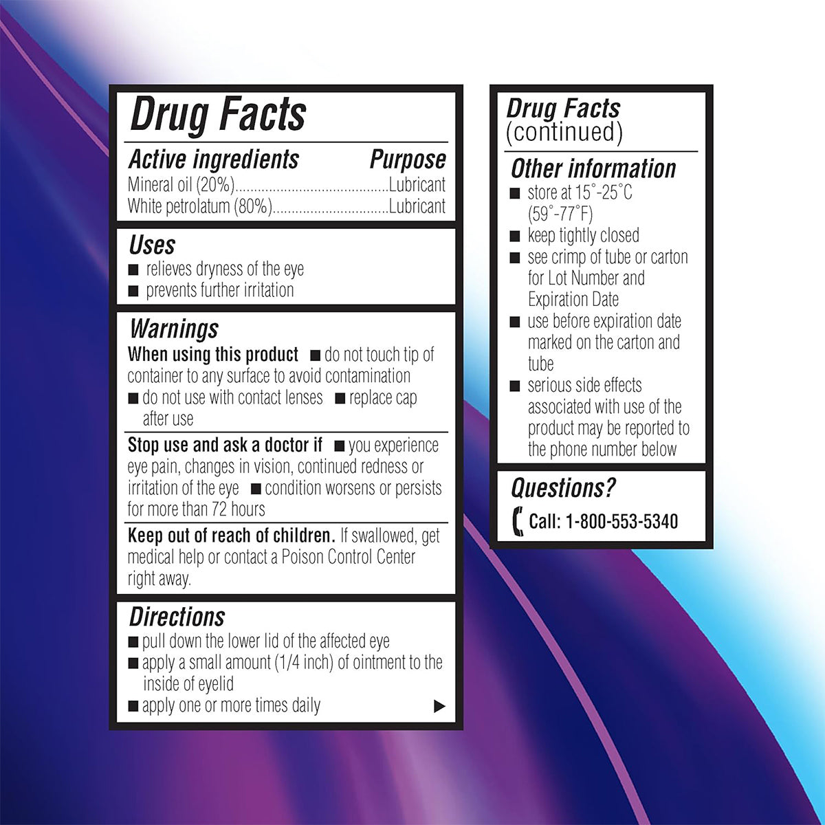 The Soothe Eye Ointment by Bausch & Lomb, a 1.8 oz nighttime preservative-free lubricant, contains mineral oil (20%) and white petrolatum (80%) for severe dry eye relief. Its label includes uses, warnings, directions, storage info, and a contact number on a blue-purple gradient background.