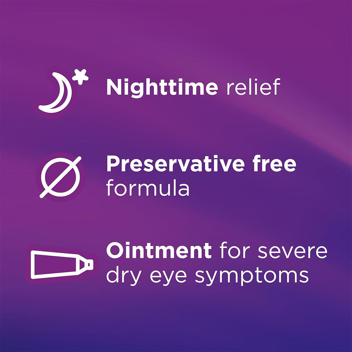 Purple background image featuring white icons and text: a crescent moon and star beside Soothe Eye Ointment by Bausch + Lomb, a crossed-out circle for Preservative Free, and a tube labeled Nighttime Ointment for severe dry eye symptoms.