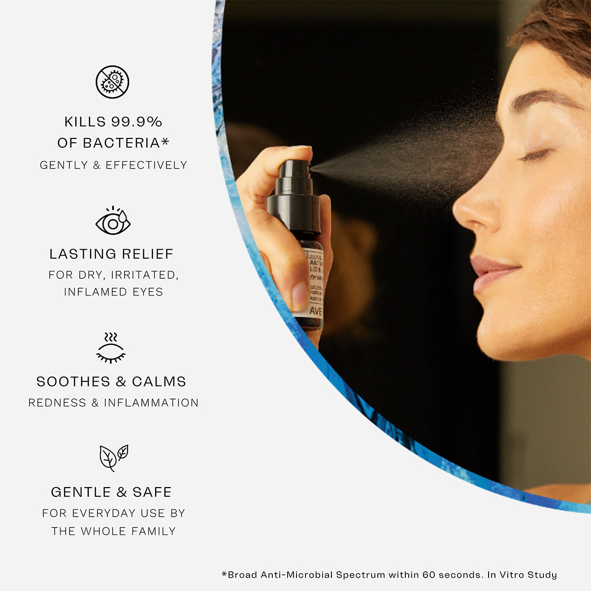 A person uses Avenova® Hypochlorous Spray Solution by NovaBay on their face. It kills 99.9% of bacteria, provides lasting relief for dry, irritated eyes with hypochlorous acid, soothes redness and inflammation, and is gentle for daily family use—ideal for eyelid cleansing!.