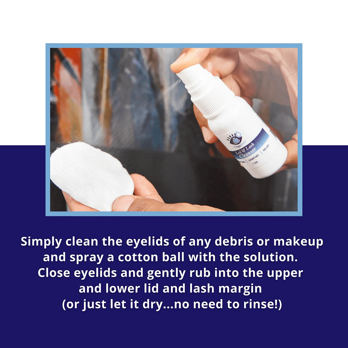 Using a small white bottle of Heyedrate Lid & Lash Cleanser by PRN, a person sprays the hypochlorous acid solution onto a cotton pad to gently rub on their eyelids, effectively removing debris or makeup and soothing dry eyes.