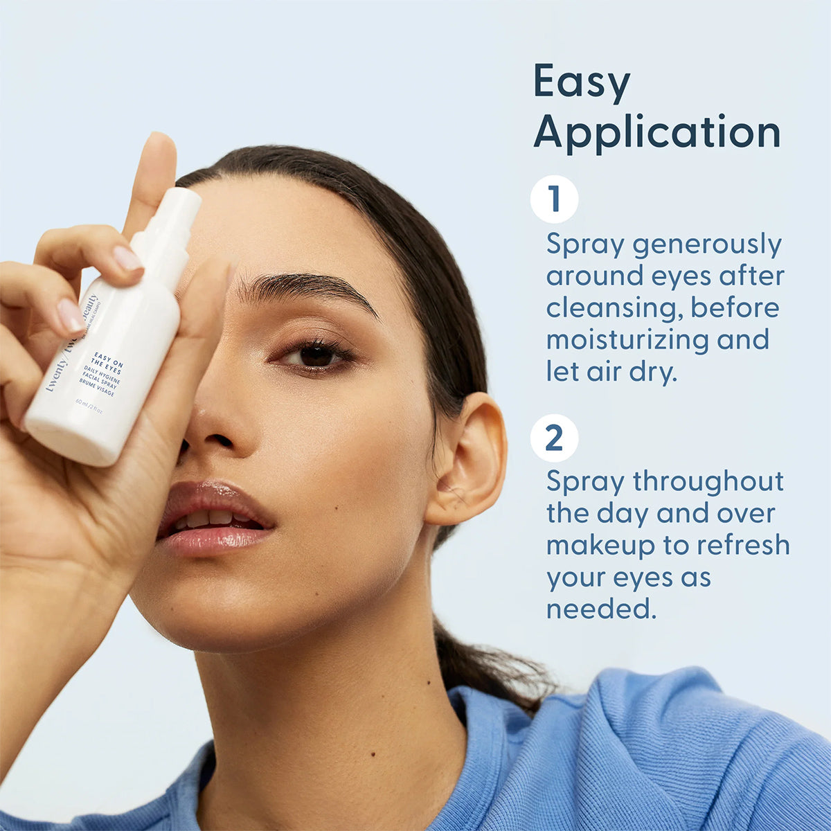 A person in a blue top uses the Twenty Twenty Daily Hygiene Facial Spray near their right eye, showcasing skincare. Instructions appear on the right, and a light blue background highlights eye and skin health benefits.