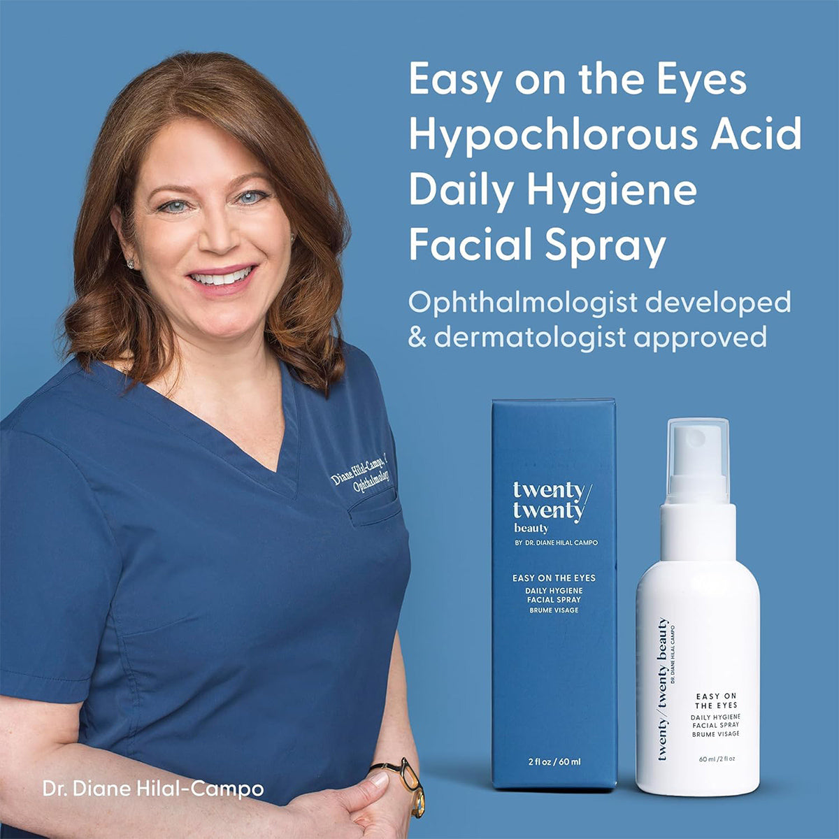 A smiling woman in a blue outfit stands next to a product box and spray bottle named Twenty Twenty Daily Hygiene Facial Spray (Hypochlorous Spray) (60ml), highlighting its careful development for eye and skin health.