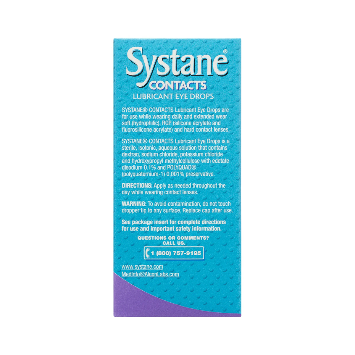 Front view of Alcons Systane® CONTACTS Lubricant Eye Drops box for soft, RGP, and hard lenses. The blue packaging with white text details usage, directions, and customer service info at the bottom.