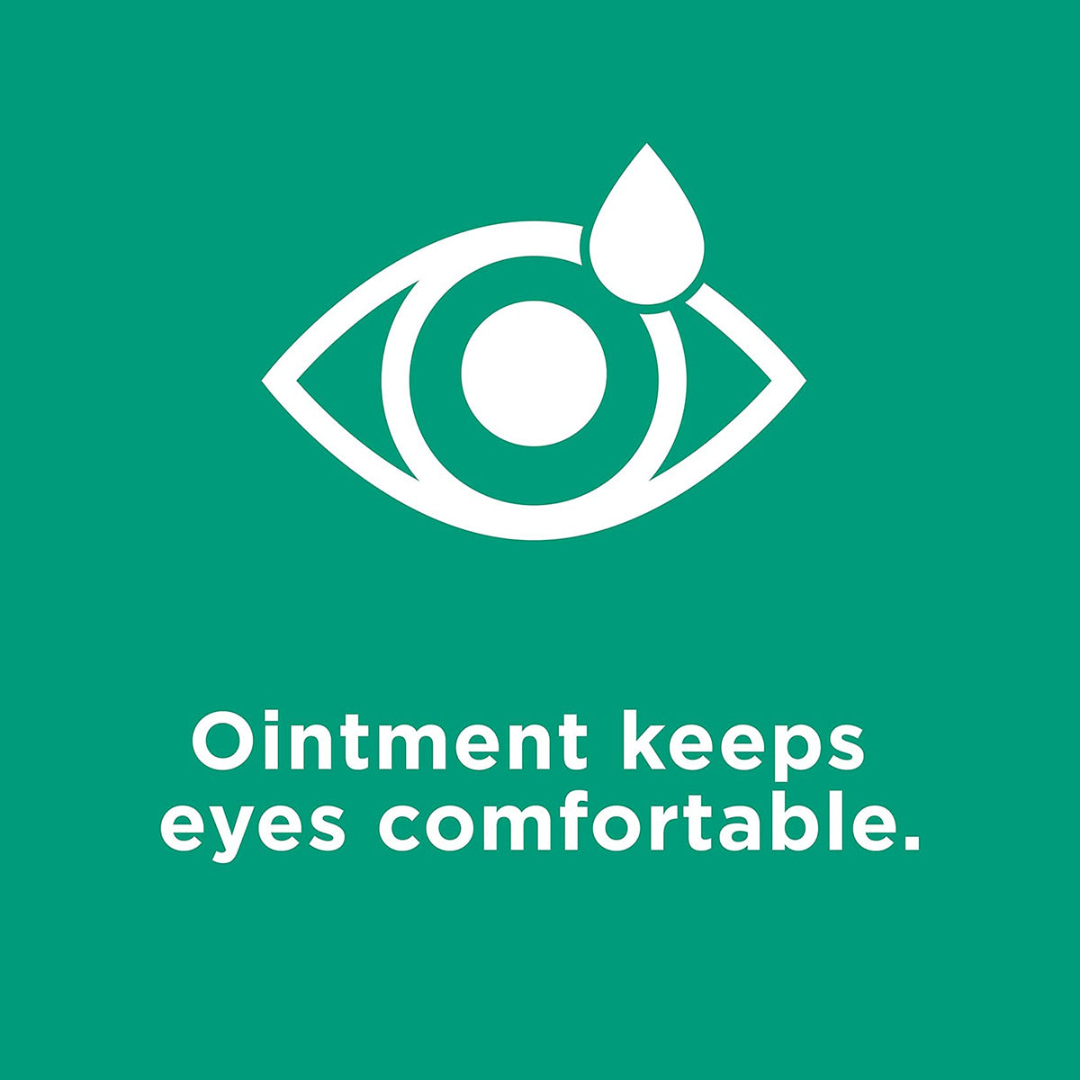 Illustration of a white eye with a droplet on a green background. Below, white text reads, Systane Nighttime Lubricant Eye Ointment by Alcon keeps eyes comfortable with overnight moisture.