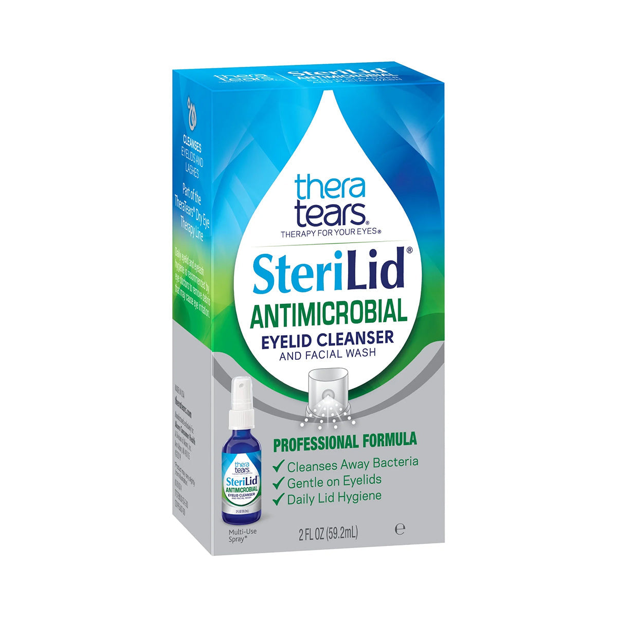TheraTears SteriLid Antimicrobial Eyelid Cleanser, 2 fl oz spray, promotes ocular health by gently cleansing away bacteria with hypochlorous acid for daily eyelid hygiene. The packaging is dark blue, green, and white with a product image.